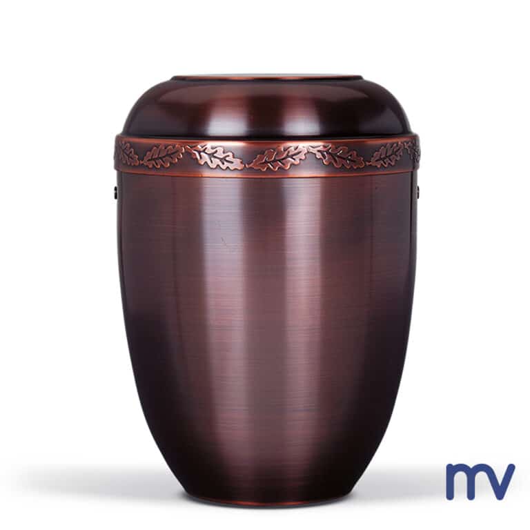 Urnes Morivita - Krásna leštená urna v bordovej farbe s motívom dubových listov vyrazeným na veku.