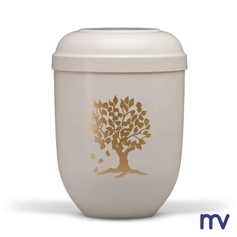 Bio urne, natuurlijk materiaal urn, wit met gouden levensboom.