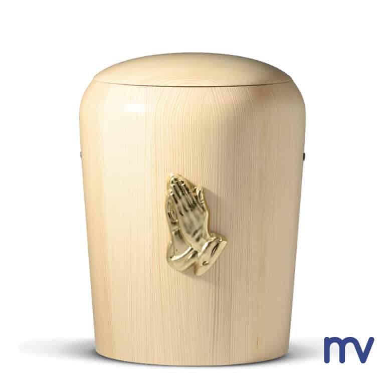 503-Morivita-Drevená urna, prírodná borovica, krútené mosadzné modliace sa ruky