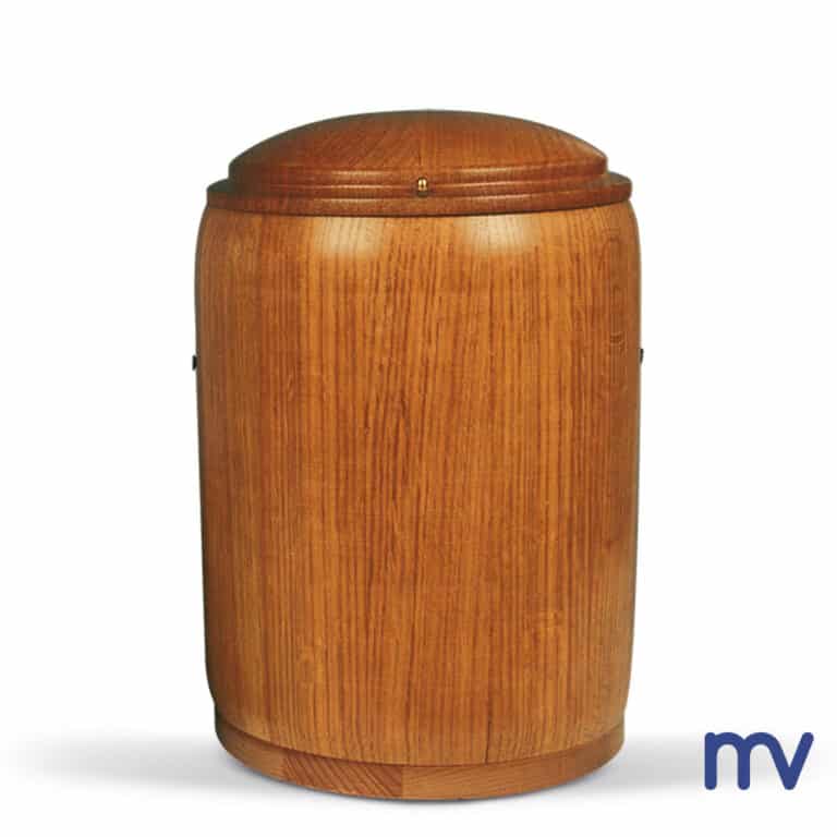 Morivita, okrúhla drevená urna z dubového dreva v rustikálnom štýle.